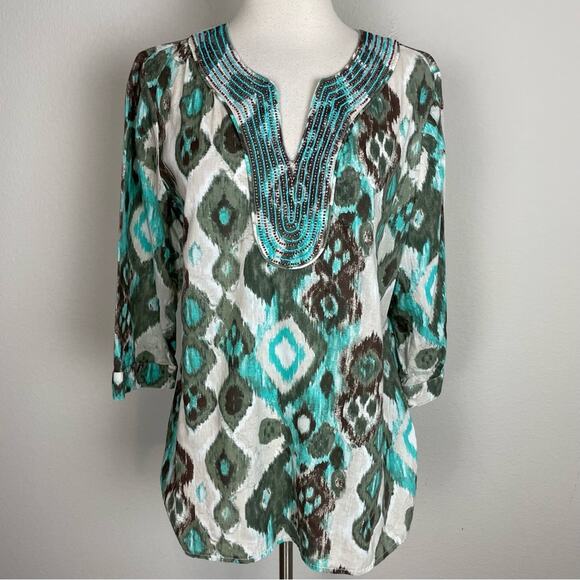 Chico's Green Ikat Print Embroidered Long Sleeve top 1 - Picture 1 of 7